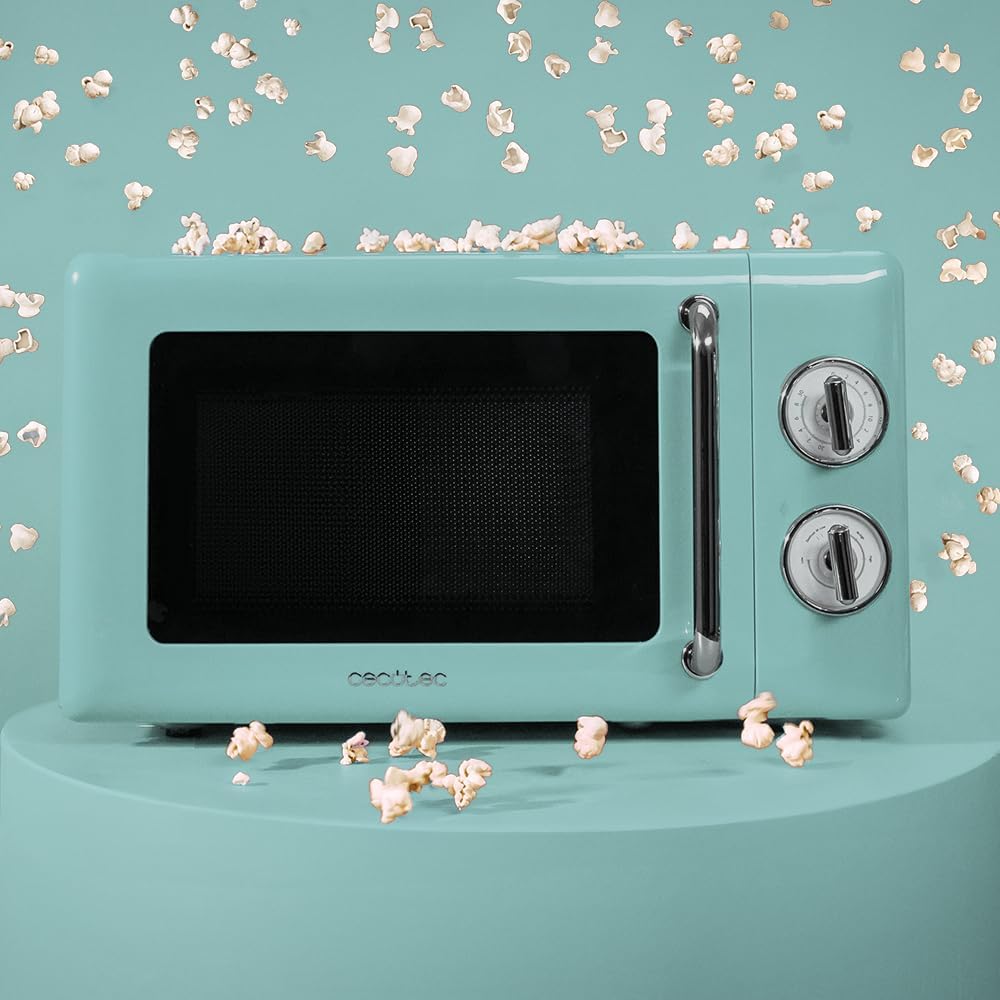 Cecotec Micro-Ondes Mécanique avec Grill Proclean 3110 Retro Bleu. 20 L, 700 W en 6 niveaux, minuterie jusqu'à 30 minutes, mode dégivrage, design vintage bleu, finitions en acier.