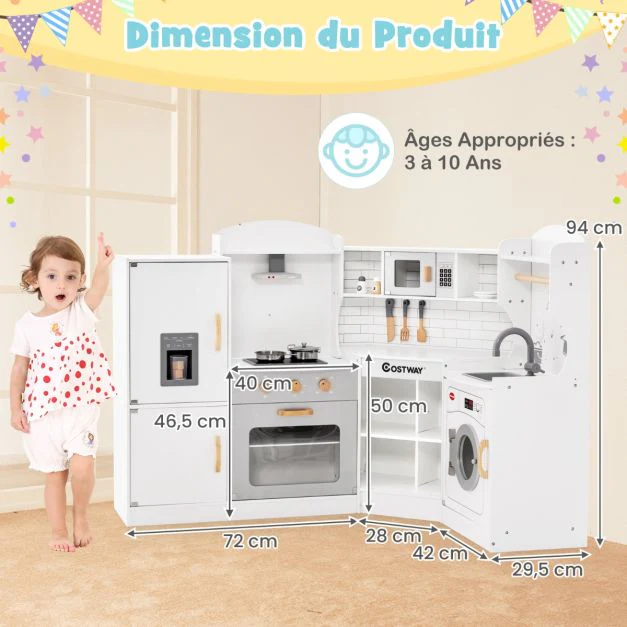 Jeu de cuisine d'angle pour enfants de 3 ans et plus en bois machine à glaons micro-ondes four évier accessoires effets sonores et lumineux 20_0002944