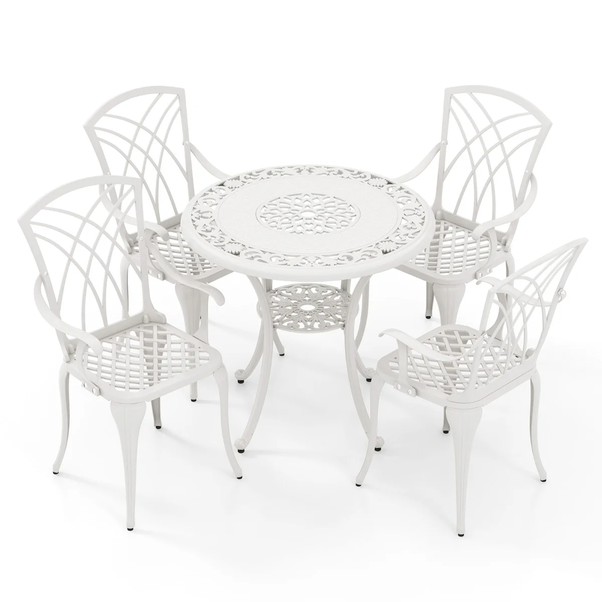 5 pcs salon de jardin en fonte d'aluminium trou pour parasol repose-pieds réglables ensemble de table ronde et 4 chaises blanc 20_0007609