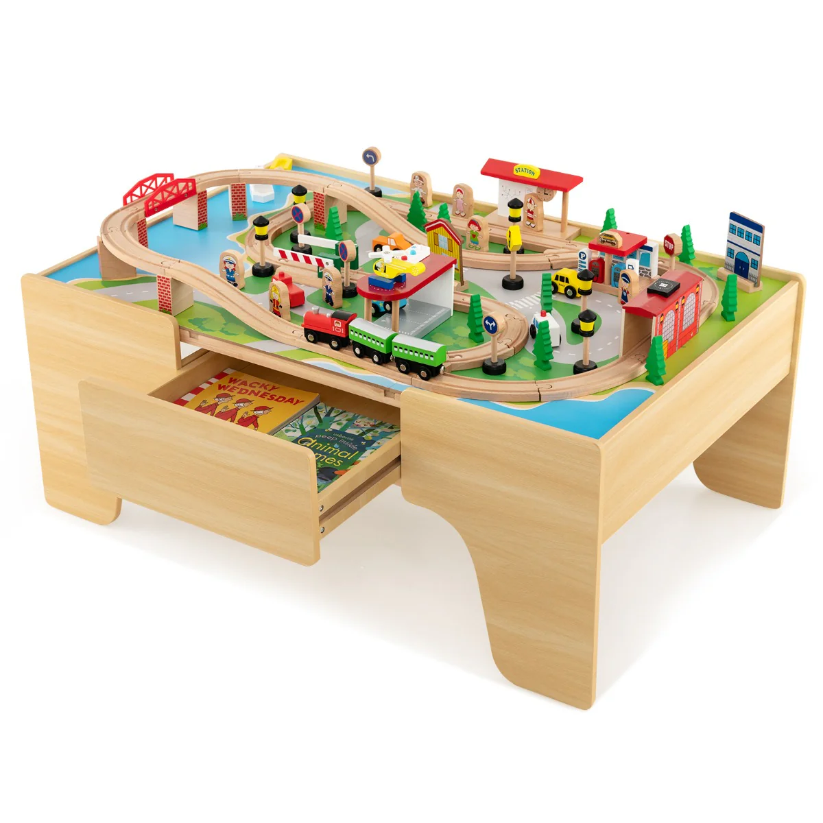 Ensemble de jouets de train et table en bois 84 pièces plateau réversible et amovible tiroir rails en bois massif figurines   20_0008479