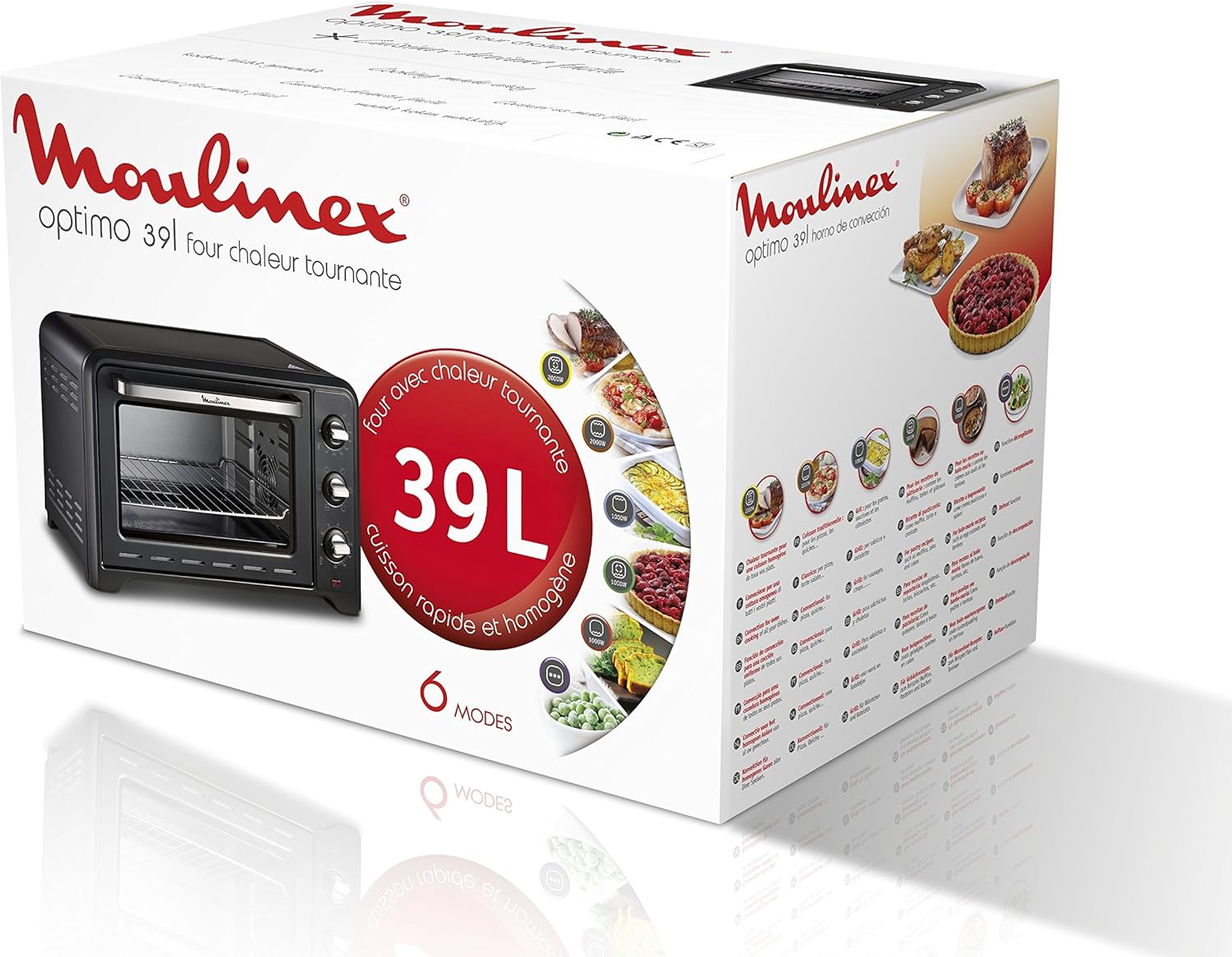 Moulinex Optimo OX484810 - Four à convection de 39 L, 6 modes de cuisson avec thermostat jusqu'à 240 ° et minuterie jusqu'à 120 minutes, plaque de cuisson et grilles réversibles, design compact