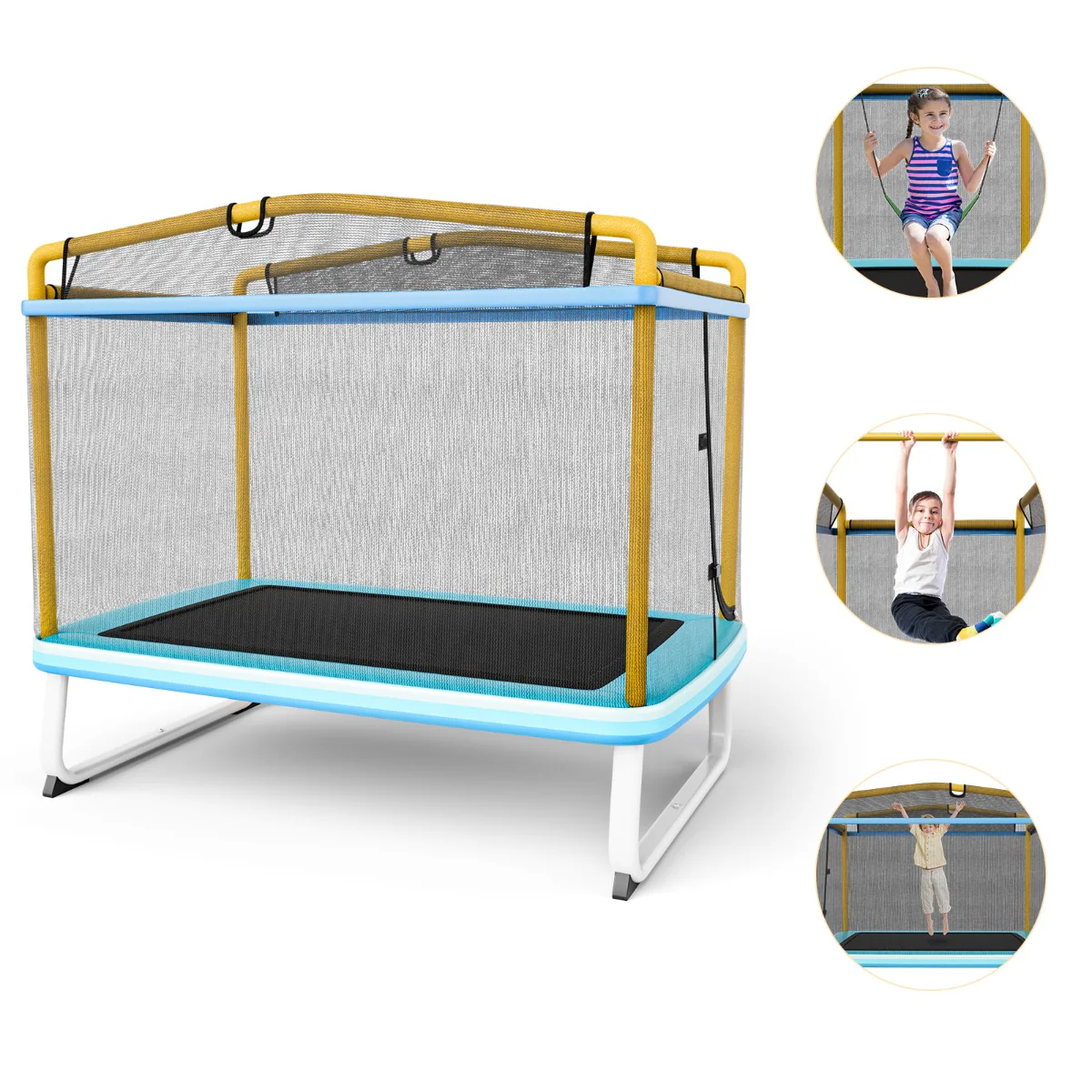 3 en 1 trampoline extérieur enfants rectangulair (190 x 124 cm) avec balanoire & barre horizontale filet de sécurité charge 110kg jaune 20_0006078