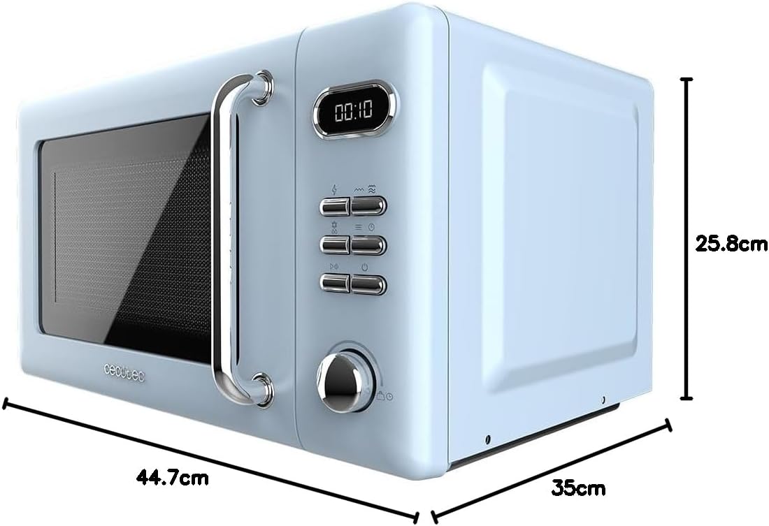 Cecotec Micro-Ondes Mécanique avec Grill Proclean 3110 Retro Bleu. 20 L, 700 W en 6 niveaux, minuterie jusqu'à 30 minutes, mode dégivrage, design vintage bleu, finitions en acier.
