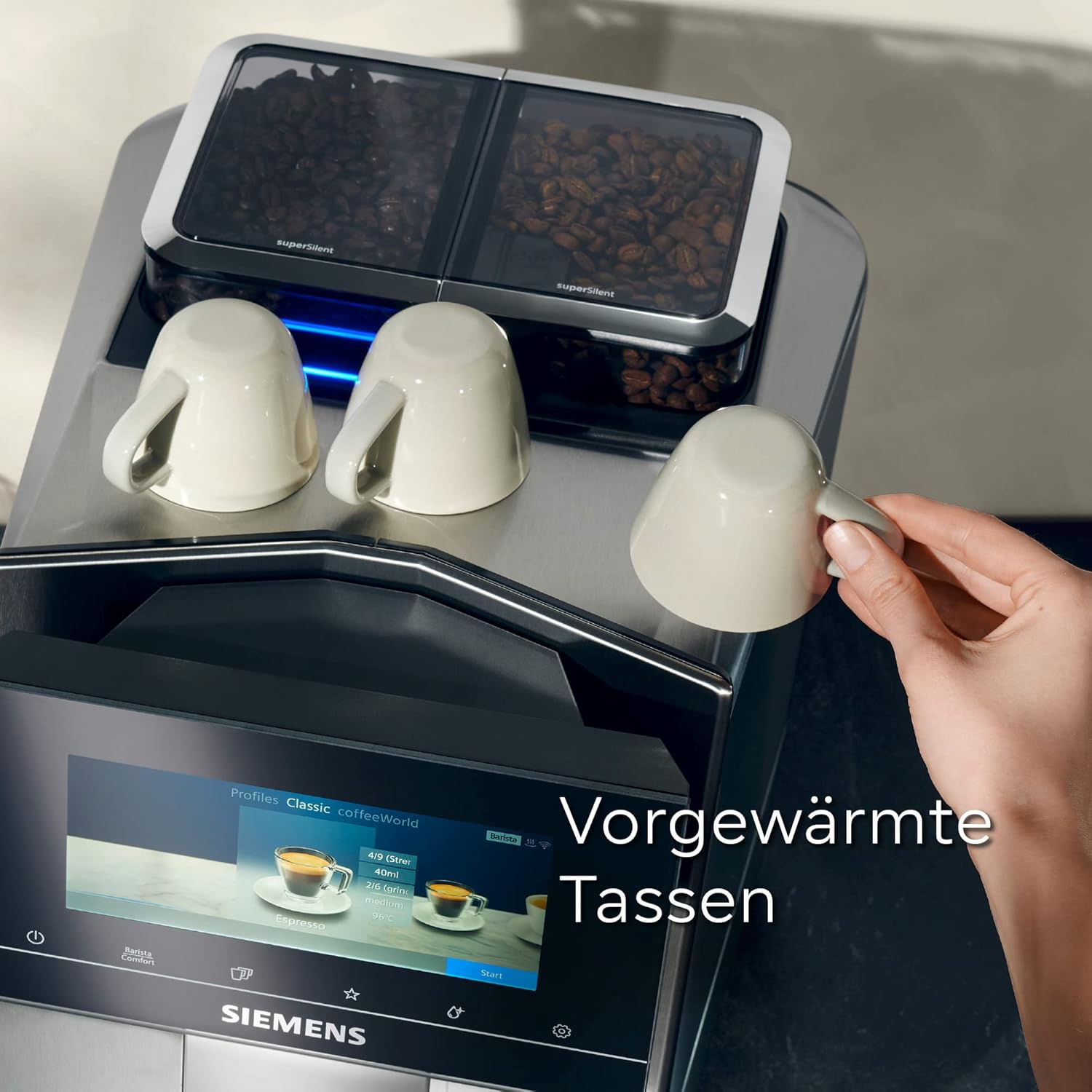 Siemens, machine à café automatique EQ900 TQ903D03, contrôle par l'application, écran tactile, mode barista, AromaBoost, réduction du bruit, broyeur premium, nettoyage à la vapeur, 1 500 W, inox