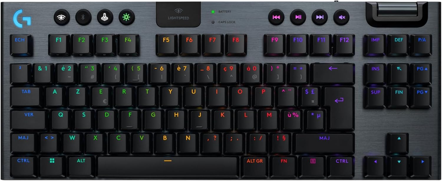 Logitech G915 TKL Tenkeyless LIGHTSPEED Clavier Gamer Mécanique, Switch ultra-plat GL Tactile, RGB LIGHTSYNC, Design élégant et mince, 40+ heures de jeu, Franais AZERTY - Noir