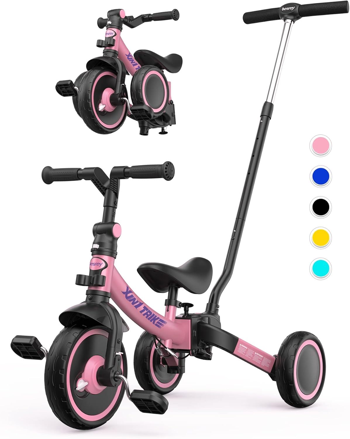 besrey 5 en 1 Tricycle Enfant bébé évolutif 1-4 Ans,Vélo Draisienne,Vélo sans Pédale,Noir