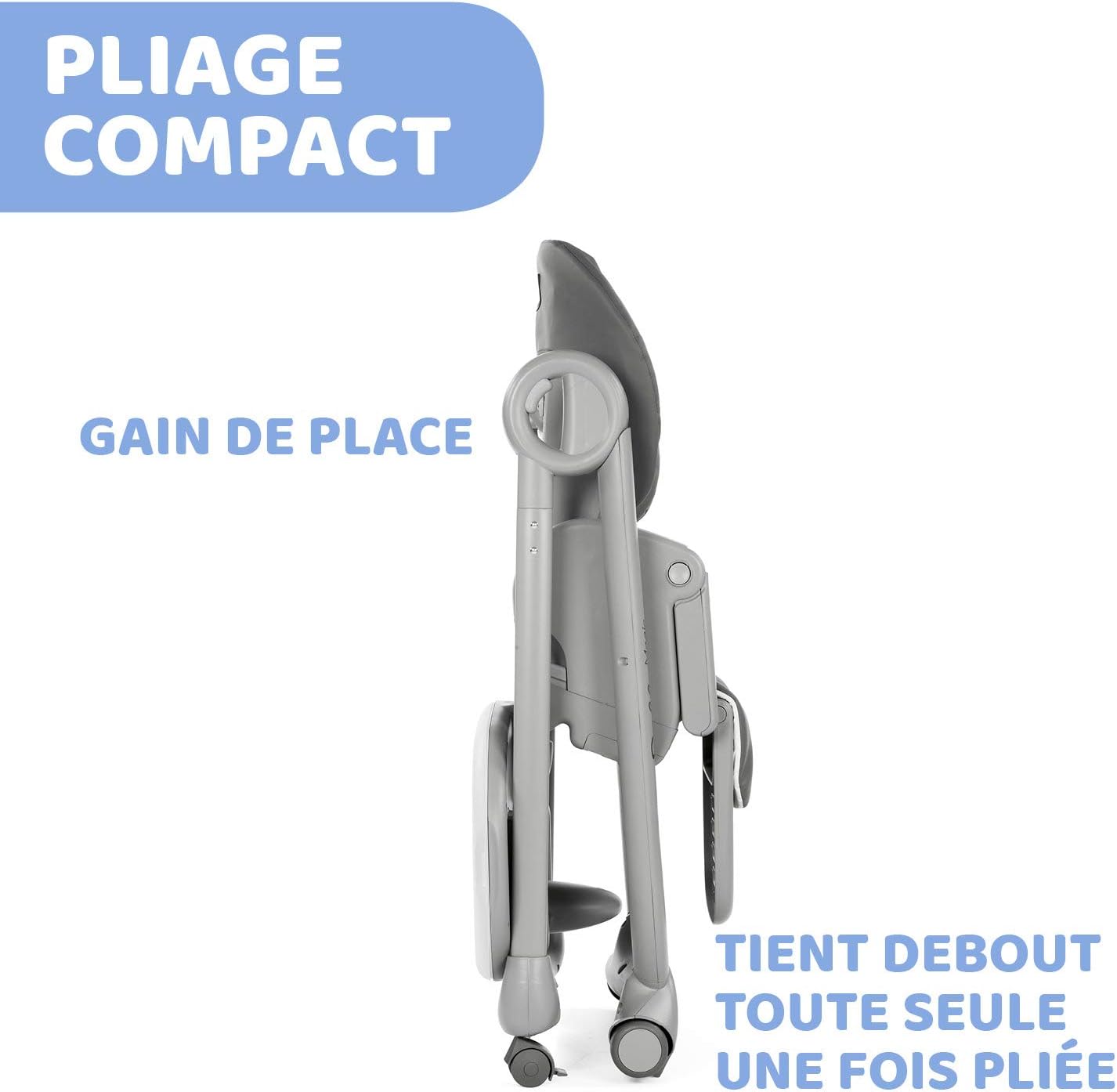 Chicco Polly Magic Relax Chaise Haute Bébé volutive et Pliable à 4 Roues, Enfants de la Naissance à 3 ans (15 kg), Inclinable en Transat, avec Coussin Réducteur et Barre de Jeux - Gris