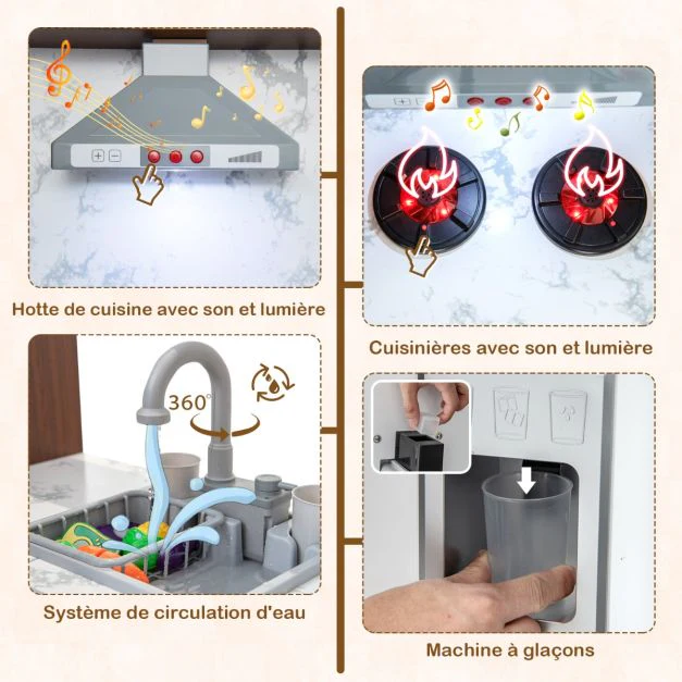 Cuisine enfant en bois pour 3 ans+ 18 accessoires avec lumière son et système de circulation d'eau marron 20_0008367