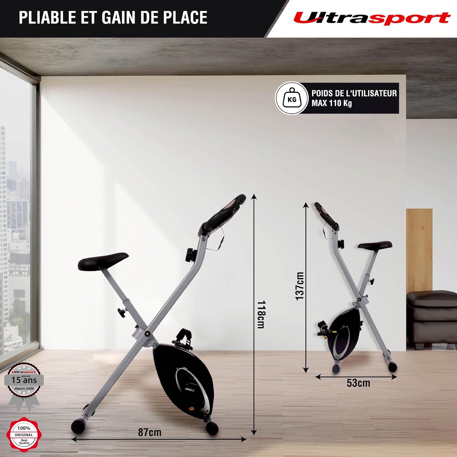 Ultrasport F-Bike, entraneur vélo, vélo d'appartement, home trainer pliable, écran LCD, opt. capteurs pouls main, Niveaux de résistance réglables, faciles à assembler, idéal pour athlètes et seniors