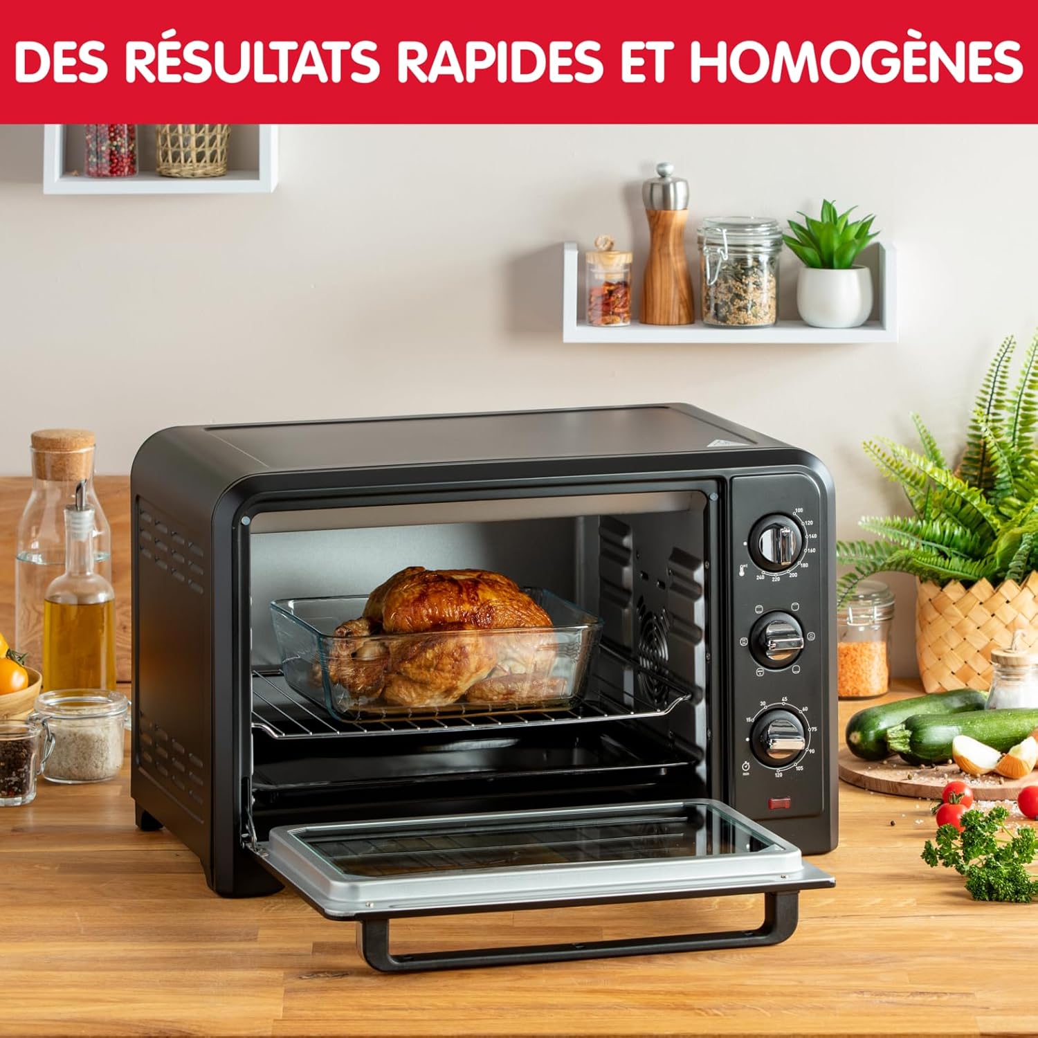 Moulinex Four électrique posable 19 L, Compact, chaleur tournante, 6 modes de cuisson, Thermostat réglable jusqu’à 240°C, Minuteur 120 min, Grille réversible, Lèche frites, Optimo noir OX444810