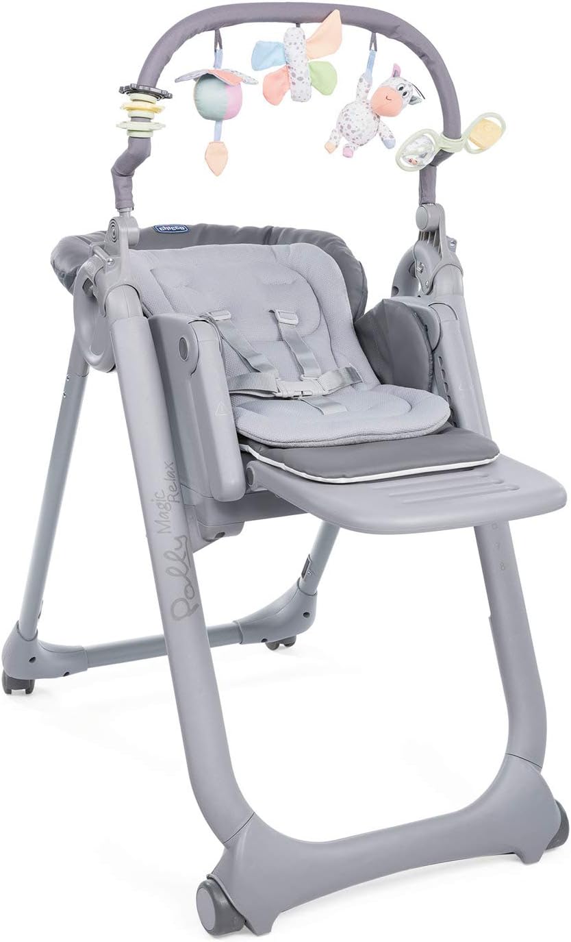 Chicco Polly Magic Relax Chaise Haute Bébé volutive et Pliable à 4 Roues, Enfants de la Naissance à 3 ans (15 kg), Inclinable en Transat, avec Coussin Réducteur et Barre de Jeux - Gris