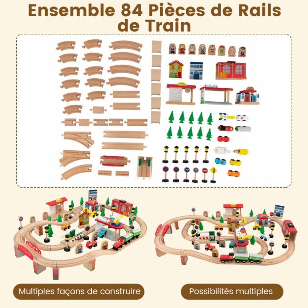 Ensemble de jouets de train et table en bois 84 pièces plateau réversible et amovible tiroir rails en bois massif figurines   20_0008479