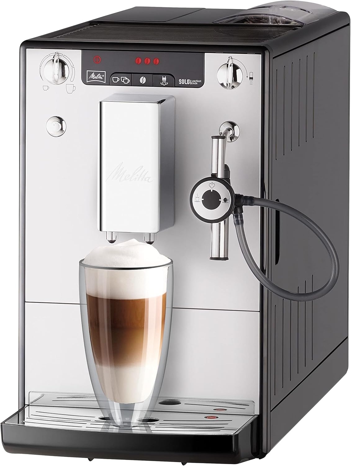 Melitta Solo & Perfect Milk Argent, Machine à Café à Grains avec Broyeur et Système d'Extraction des Armes, Mode 1 à 2 Tasses, Auto Cappuccinatore, Affichage LED, E957-203, 1400W