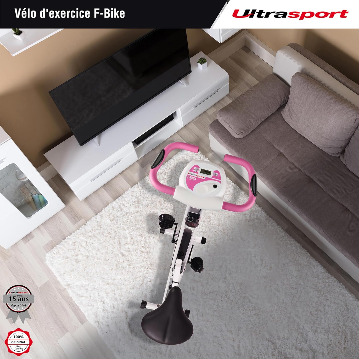 Ultrasport F-Bike, entraneur vélo, vélo d'appartement, home trainer pliable, écran LCD, opt. capteurs pouls main, Niveaux de résistance réglables, faciles à assembler, idéal pour athlètes et seniors