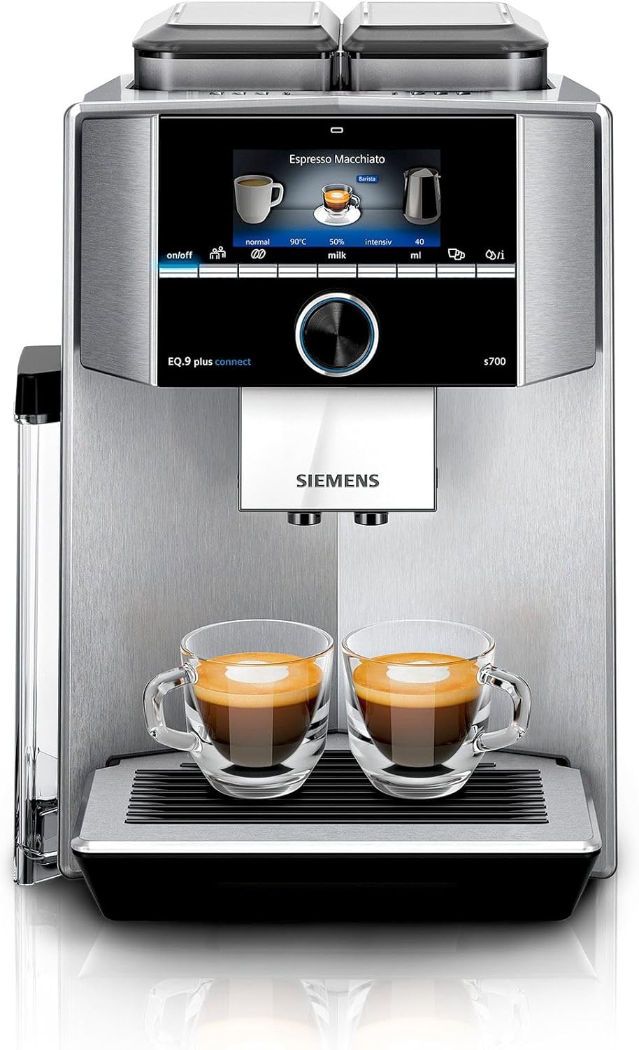 Siemens, machine à café automatique EQ900 TQ903D03, contrôle par l'application, écran tactile, mode barista, AromaBoost, réduction du bruit, broyeur premium, nettoyage à la vapeur, 1 500 W, inox