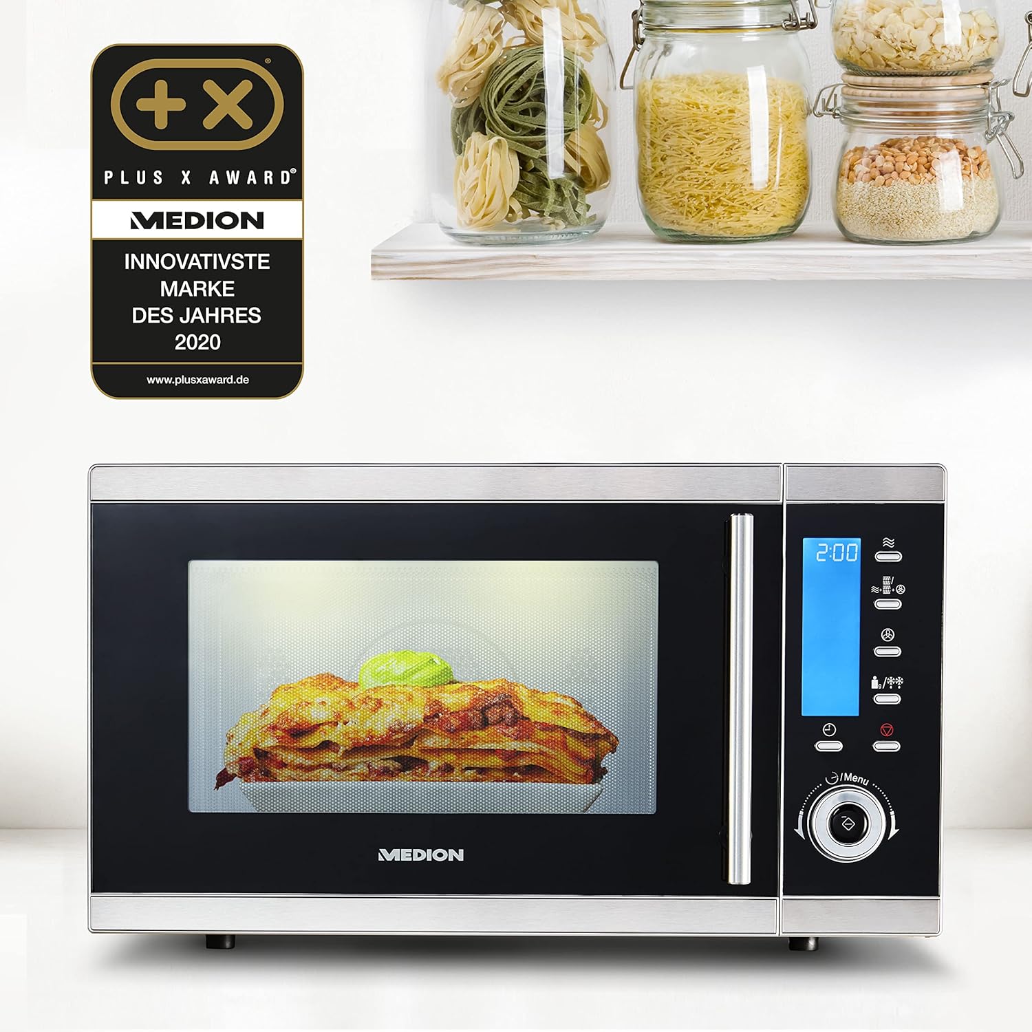 MEDION Micro-onde grill 4en1 MD15501, four micro-onde combiné 25L avec grille, micro-onde 900W, 1100W mode grill, 2500W mode air chaud avec 10 niveaux de puissance, noir/argent