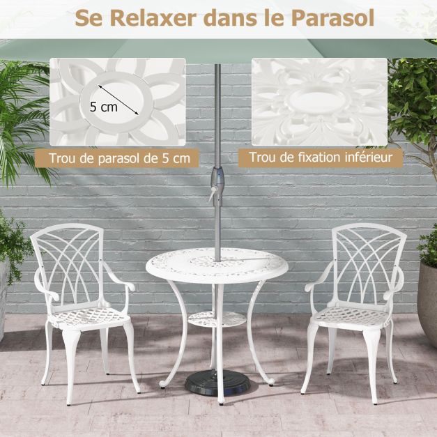 5 pcs salon de jardin en fonte d'aluminium trou pour parasol repose-pieds réglables ensemble de table ronde et 4 chaises blanc 20_0007609