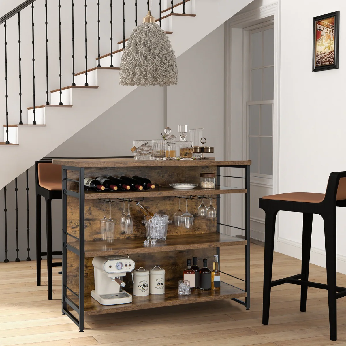 lot central industriel table de bar à 4 niveaux avec 3 étagères ouvertes casier à vin et supports pour verres à pied repose-pieds marron rustique 20_0009753