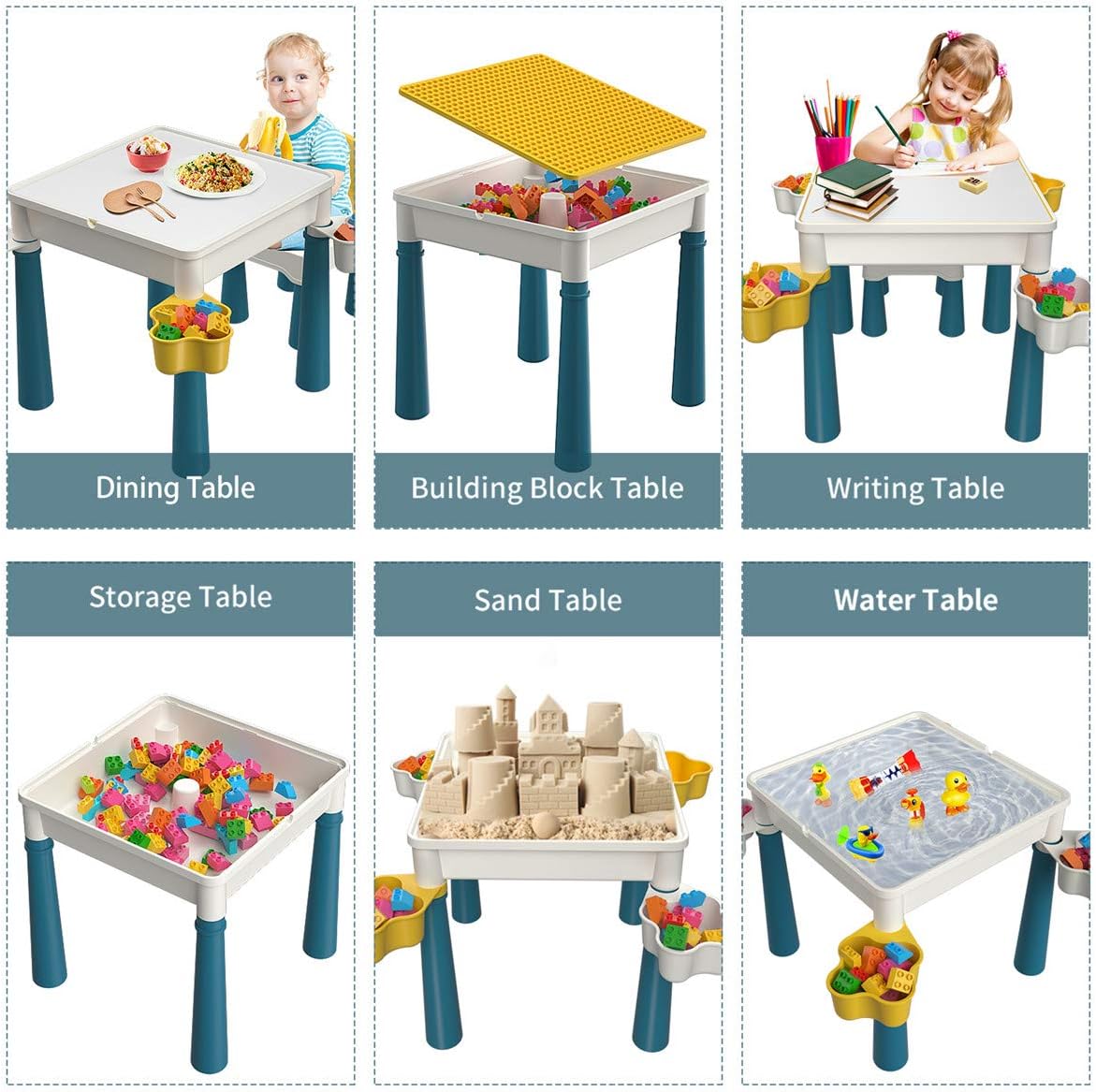 burgkidz Ensemble de Table Multi-activités pour Enfants 5-en-1-128 Pièces Blocs de Construction de Grandes Briques Compatibles, Jeu Comprenant 1 Chaise et 1 Table avec Rangement, Bleu