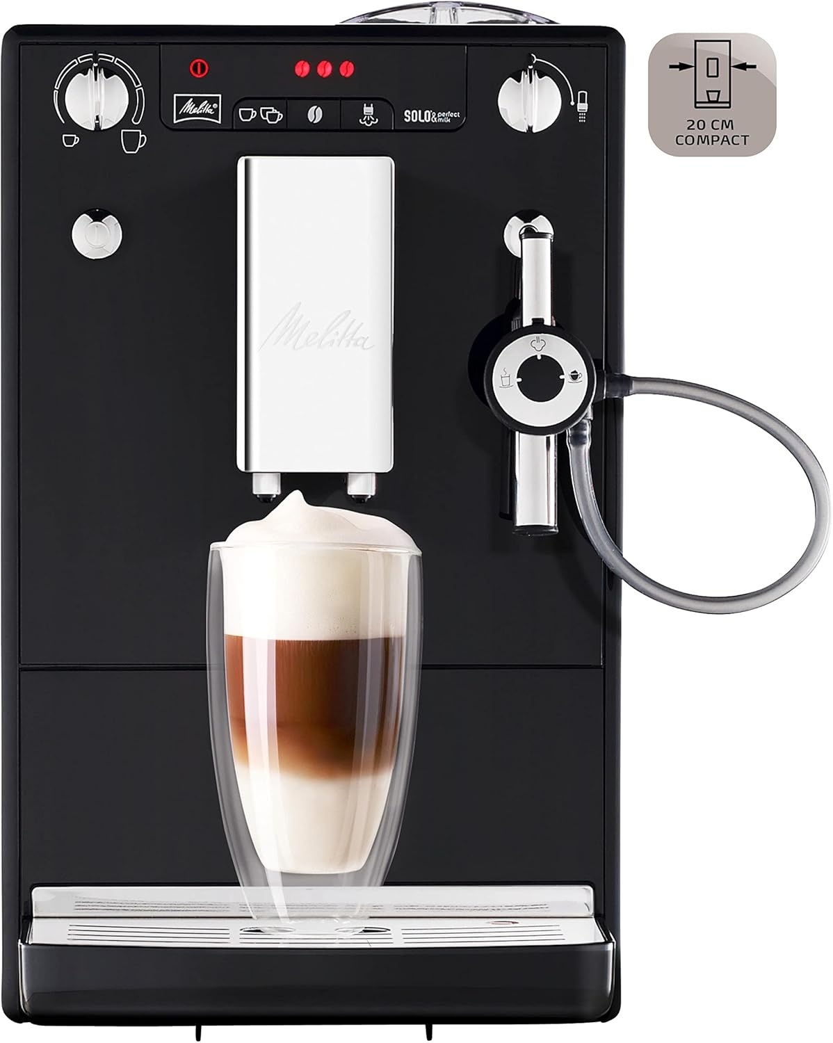 Melitta Solo & Perfect Milk Argent, Machine à Café à Grains avec Broyeur et Système d'Extraction des Armes, Mode 1 à 2 Tasses, Auto Cappuccinatore, Affichage LED, E957-203, 1400W