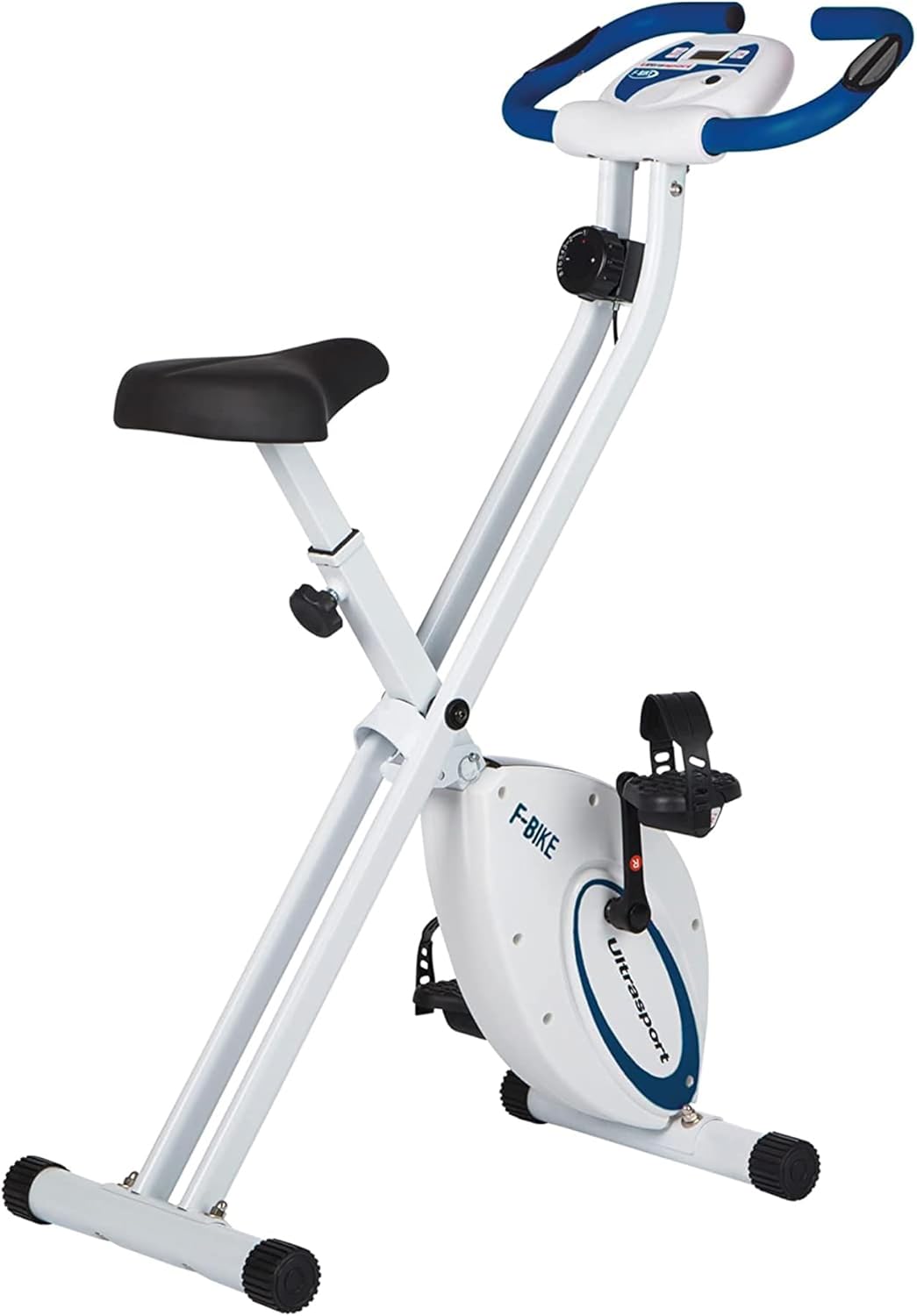 Ultrasport F-Bike, entraneur vélo, vélo d'appartement, home trainer pliable, écran LCD, opt. capteurs pouls main, Niveaux de résistance réglables, faciles à assembler, idéal pour athlètes et seniors