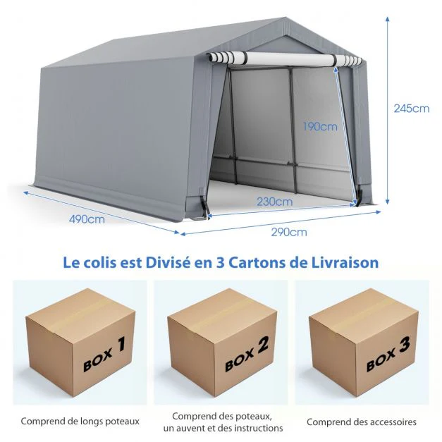 Abri garage pour voiture 290 x 490 cm tente de stockage en acier abri de voiture toutes saisons pour suv bateau 20_0007631