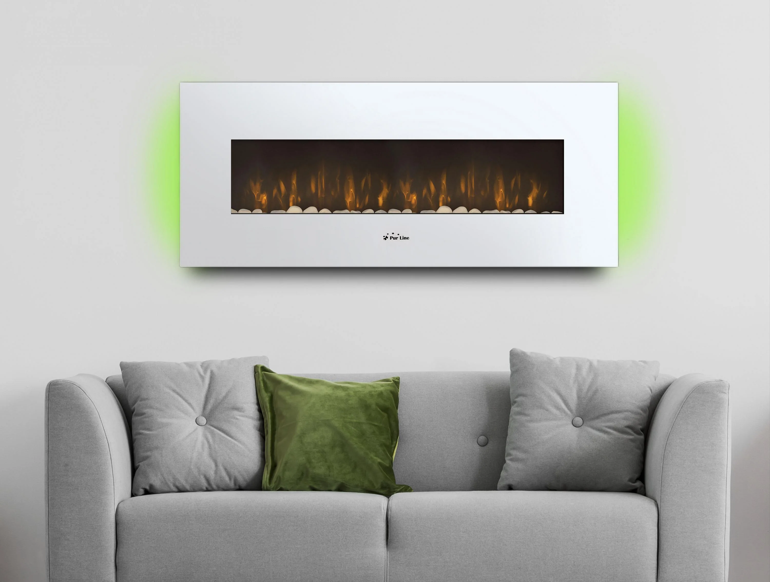 Cheminée électrique panoramique avec éclairage LED d'ambiance et panneau frontal blanc