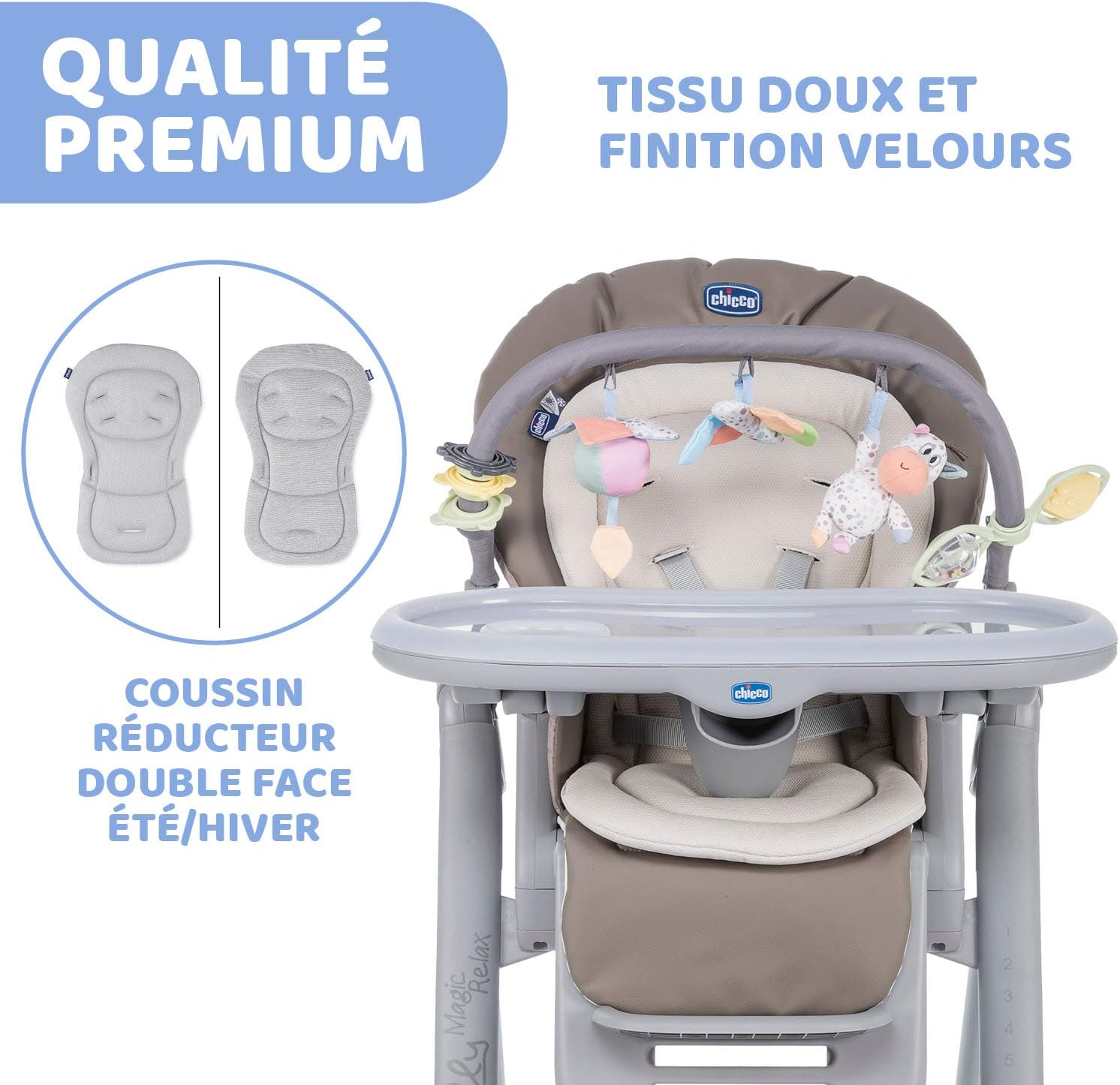 Chicco Polly Magic Relax Chaise Haute Bébé volutive et Pliable à 4 Roues, Enfants de la Naissance à 3 ans (15 kg), Inclinable en Transat, avec Coussin Réducteur et Barre de Jeux - Gris