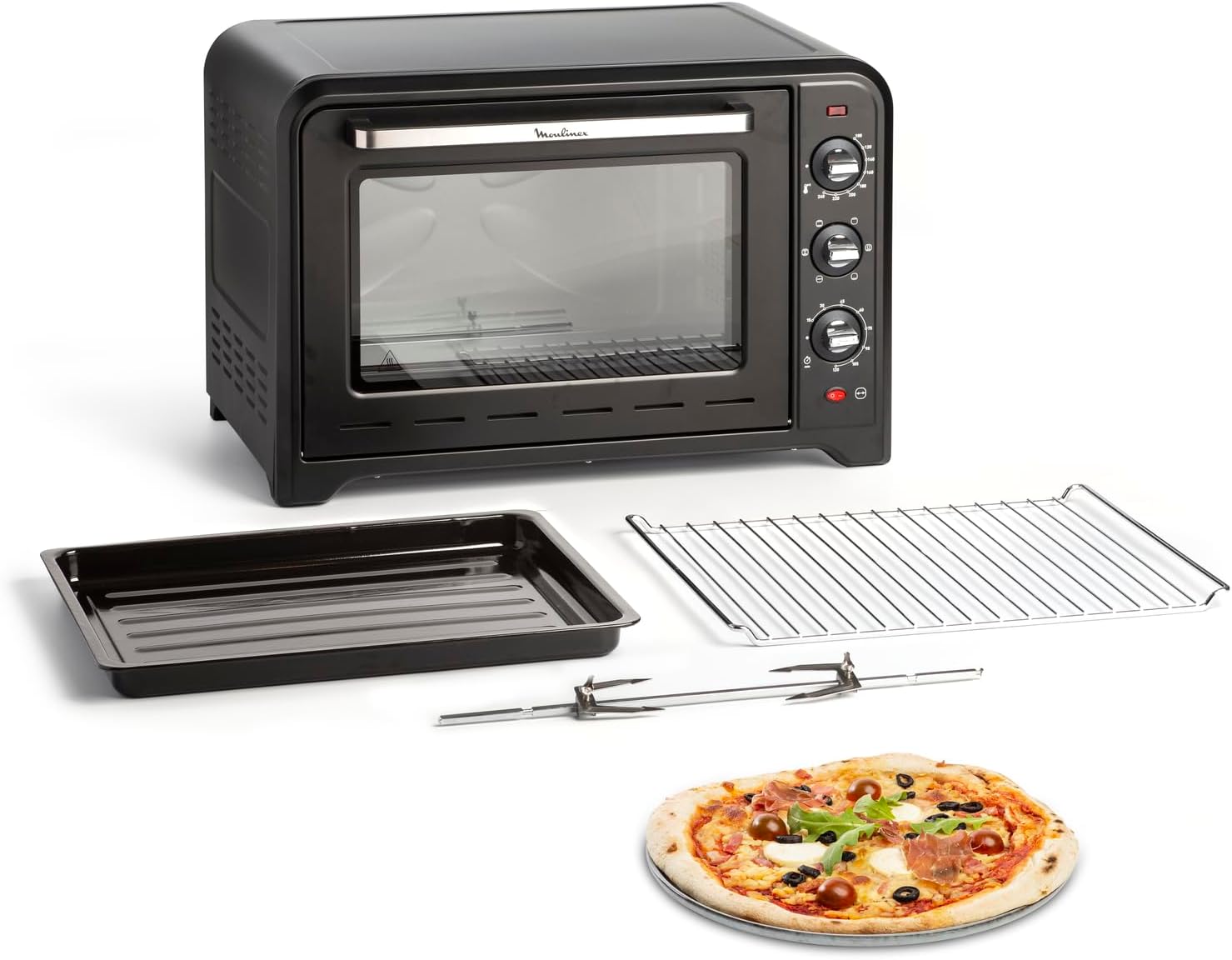 Moulinex Four électrique posable 19 L, Compact, chaleur tournante, 6 modes de cuisson, Thermostat réglable jusqu’à 240°C, Minuteur 120 min, Grille réversible, Lèche frites, Optimo noir OX444810