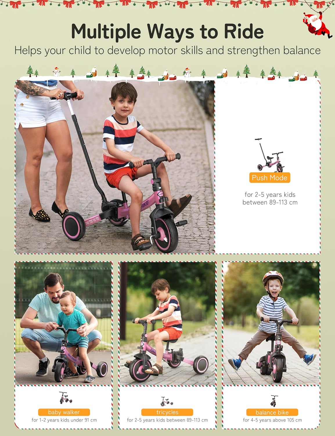 besrey 5 en 1 Tricycle Enfant bébé évolutif 1-4 Ans,Vélo Draisienne,Vélo sans Pédale,Noir