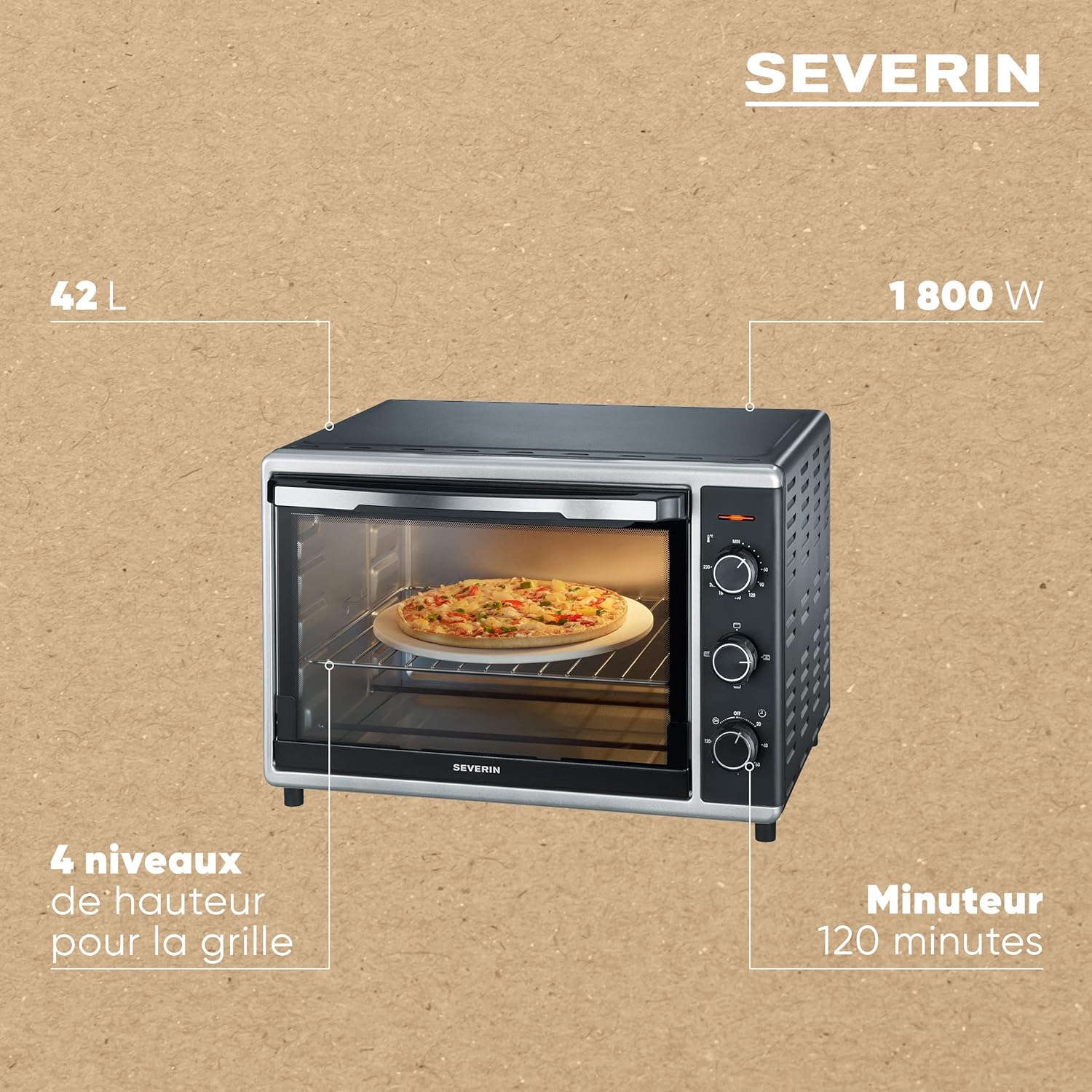 SEVERIN Mini-Four à chaleur tournante 42 L avec pierre à pizza et tournebroche, Four posable 1 800 W design élégant, électrique avec minuteur 120 min, Noir/Inox, TO 2058
