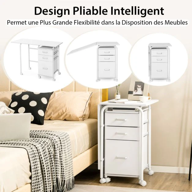 Bureau pliable avec 3 tiroirs table d'écriture roues verrouillables avec cadre en métal pour dortoir appartement blanc 20_0008020