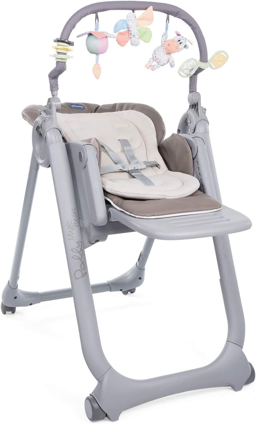Chicco Polly Magic Relax Chaise Haute Bébé volutive et Pliable à 4 Roues, Enfants de la Naissance à 3 ans (15 kg), Inclinable en Transat, avec Coussin Réducteur et Barre de Jeux - Gris