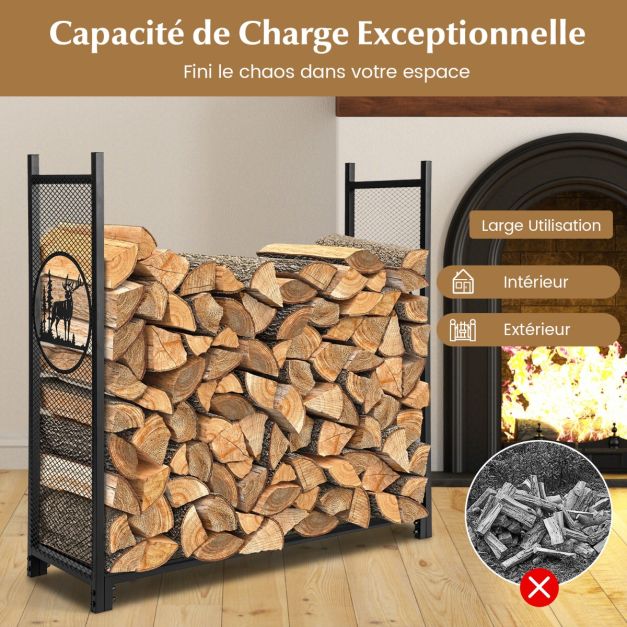 Support à bois de chauffage 121 cm support à bches robuste avec ctés en maille motifs de cerfs et d'arbres pour intérieur et extérieur noir 20_0005364