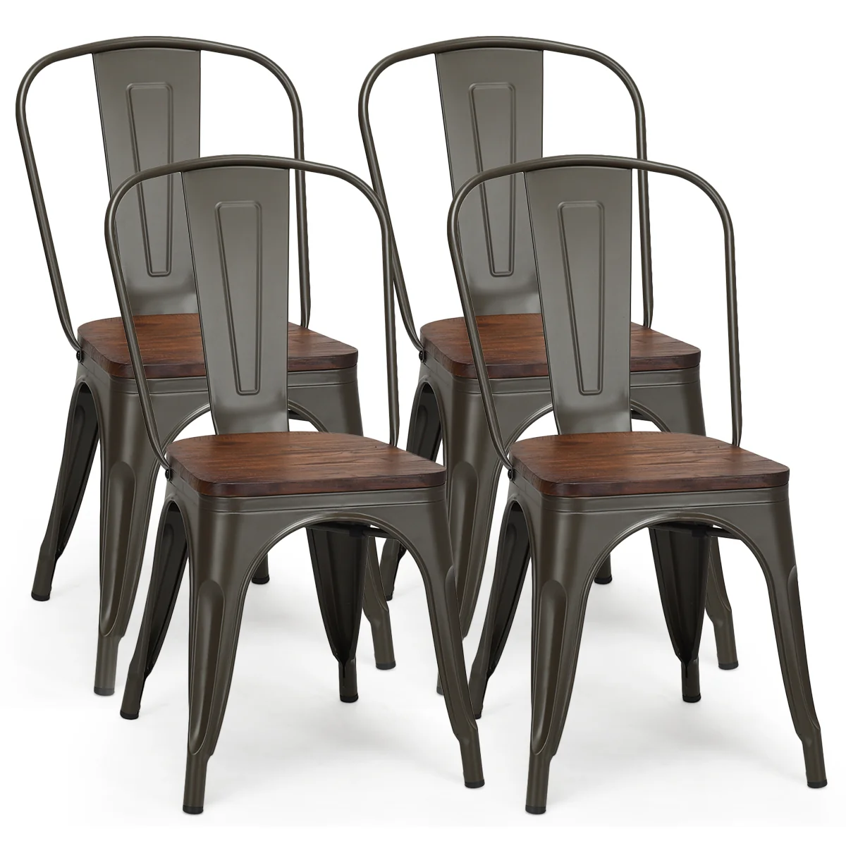 Lot de 4 chaises salle à manger en acier assise en bois d’orme empilables style industriel  51 x 44 x 85,5 cm couleur métallisée 20_0007228