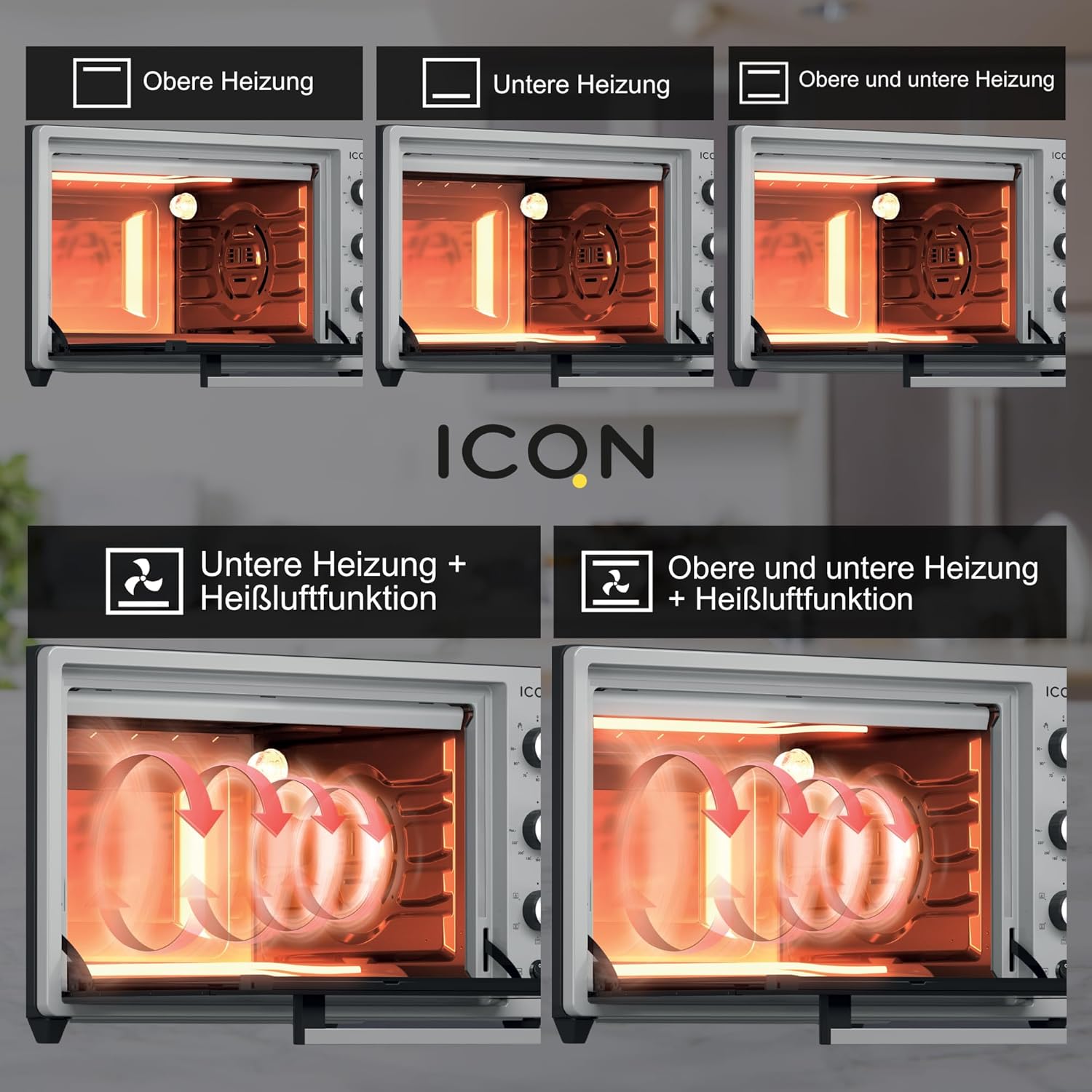 ICQN Mini Four Electrique 60l, 5 Fonctions, 40°-230°C, 2000 W, Anthracite Noir