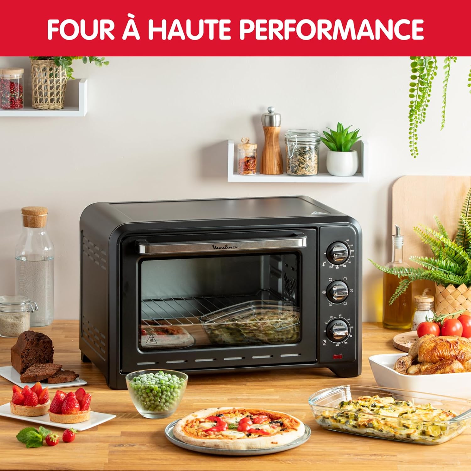 Moulinex Four électrique posable 19 L, Compact, chaleur tournante, 6 modes de cuisson, Thermostat réglable jusqu’à 240°C, Minuteur 120 min, Grille réversible, Lèche frites, Optimo noir OX444810