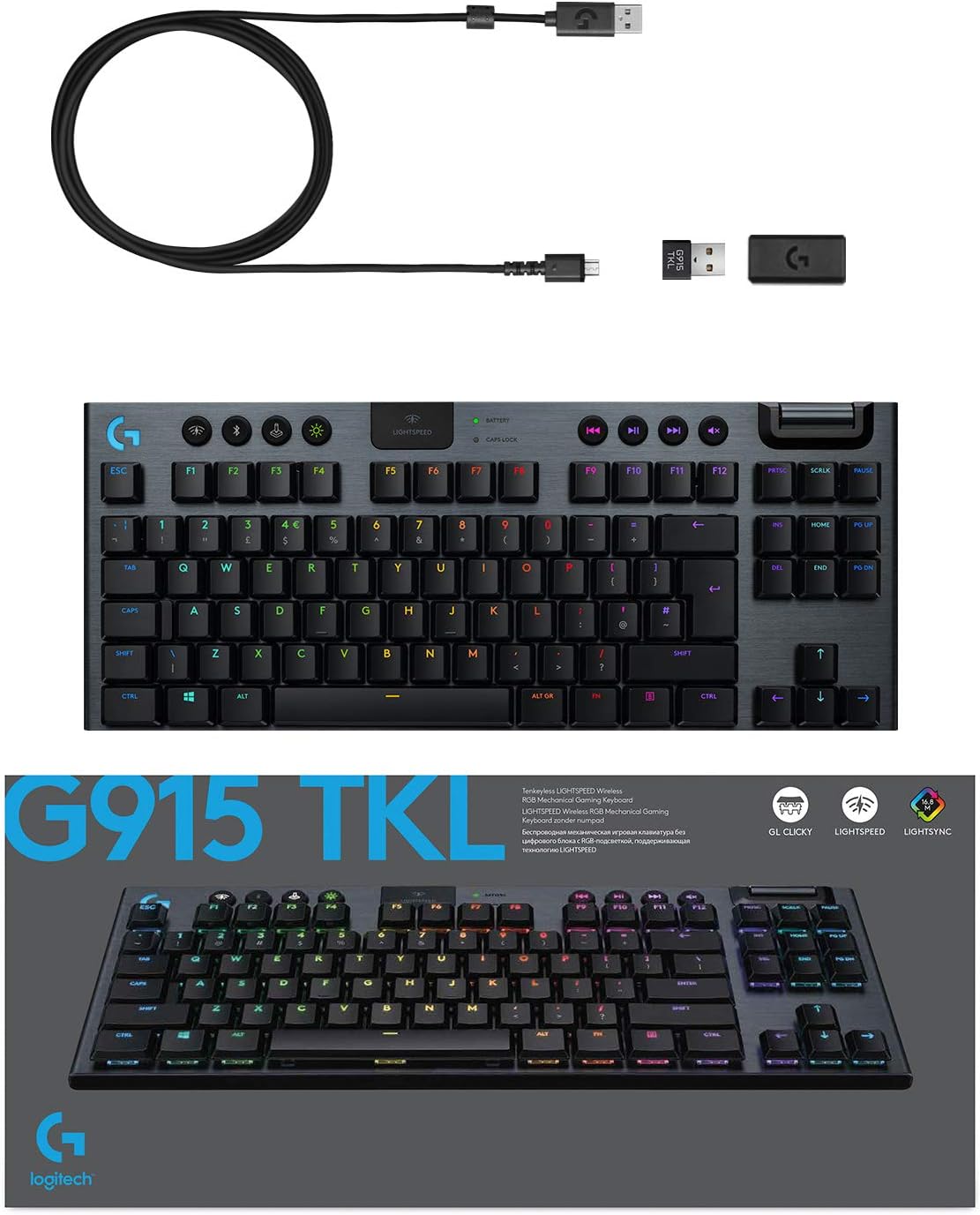 Logitech G915 TKL Tenkeyless LIGHTSPEED Clavier Gamer Mécanique, Switch ultra-plat GL Tactile, RGB LIGHTSYNC, Design élégant et mince, 40+ heures de jeu, Franais AZERTY - Noir