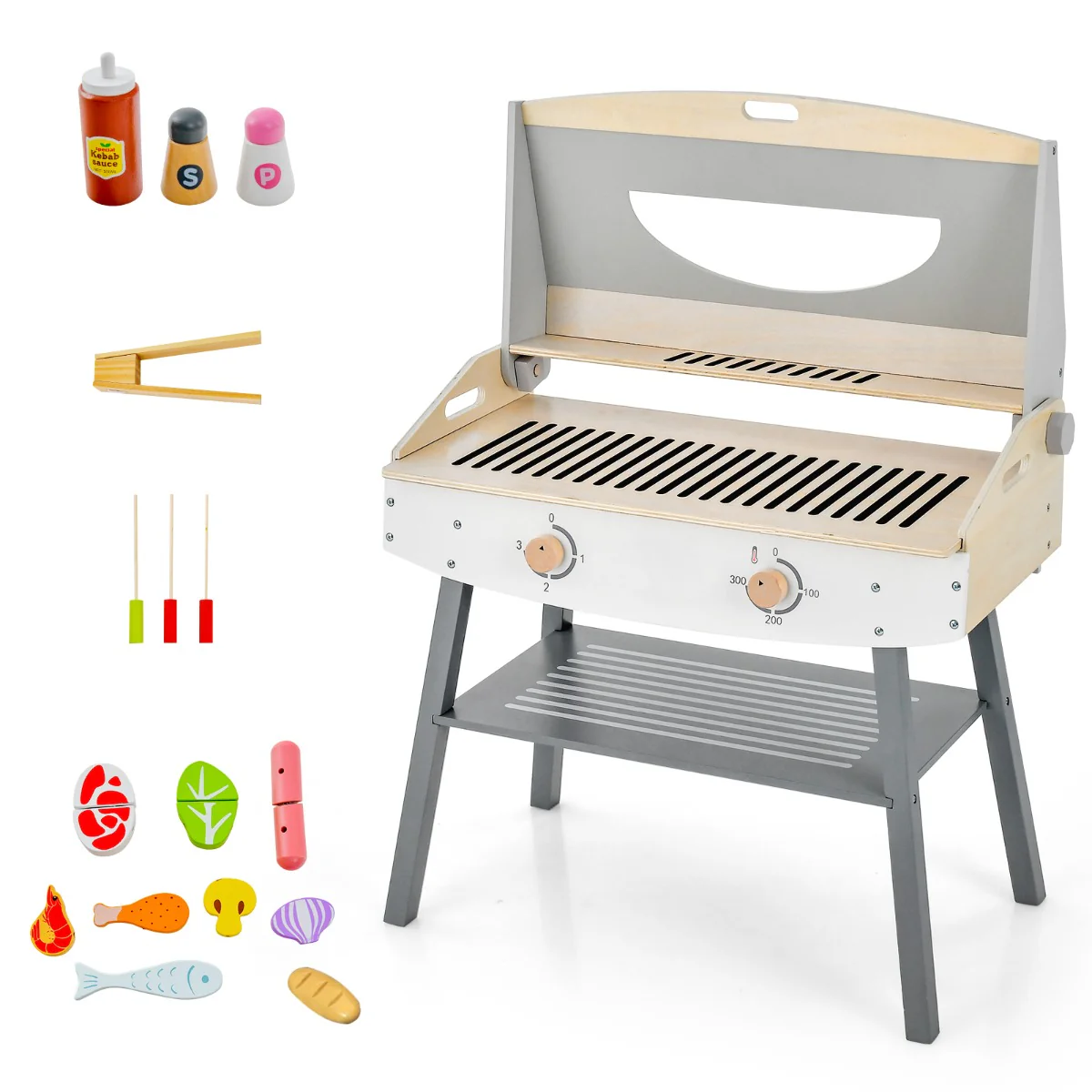 Jouet barbecue grill en bois pour enfants 3 ans+ 17 accessoires couvercle rabattable son réaliste cadeaux idéal 20_0005309