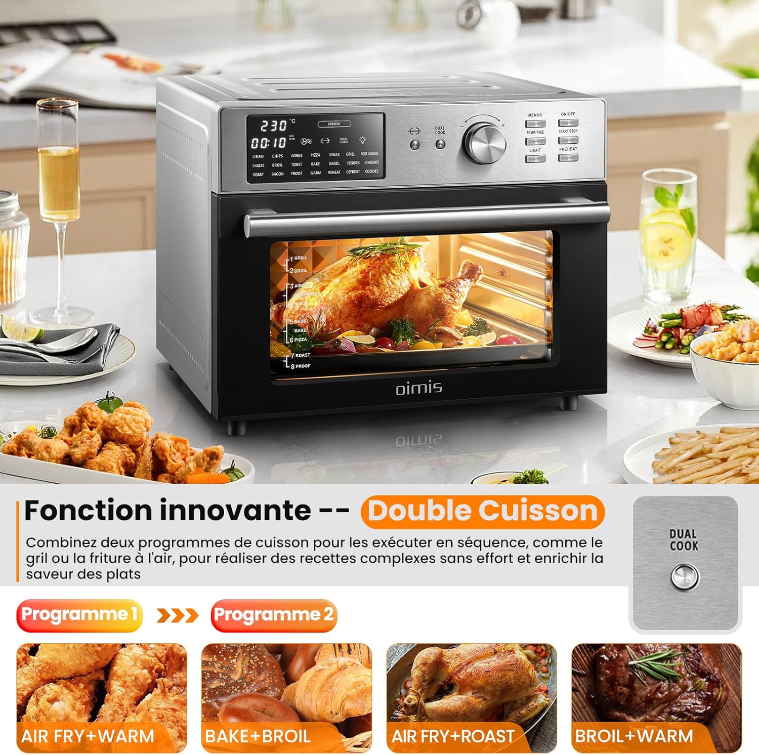 Oimis Friteuse à Air Chaud Sans Huile Four 30L,Gris, 1800W avec 21 Programmes Prédéfinis, Rtissoire,Déshydrateur, 6 Accessoires, Recettes（NO Panier Rotatif）