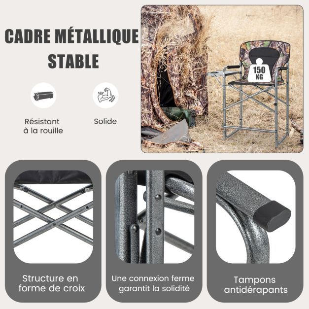 Chaise de camping pliante avec table latérale amovible charge 150 kg chaise de pêche avec porte-gobelet pour chasse randonnée 20_0005010