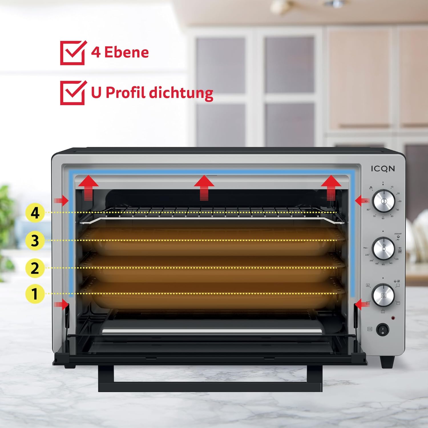 ICQN Mini Four Electrique 60l, 5 Fonctions, 40°-230°C, 2000 W, Anthracite Noir