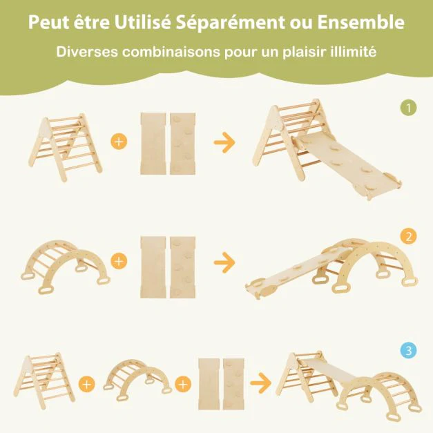 7 en 1 triangle arche montessori d'escalade enfants avec toboggan bois rampe échelle réglable aire de jeux pour 1 ans+ blanc+naturel 20_0007621