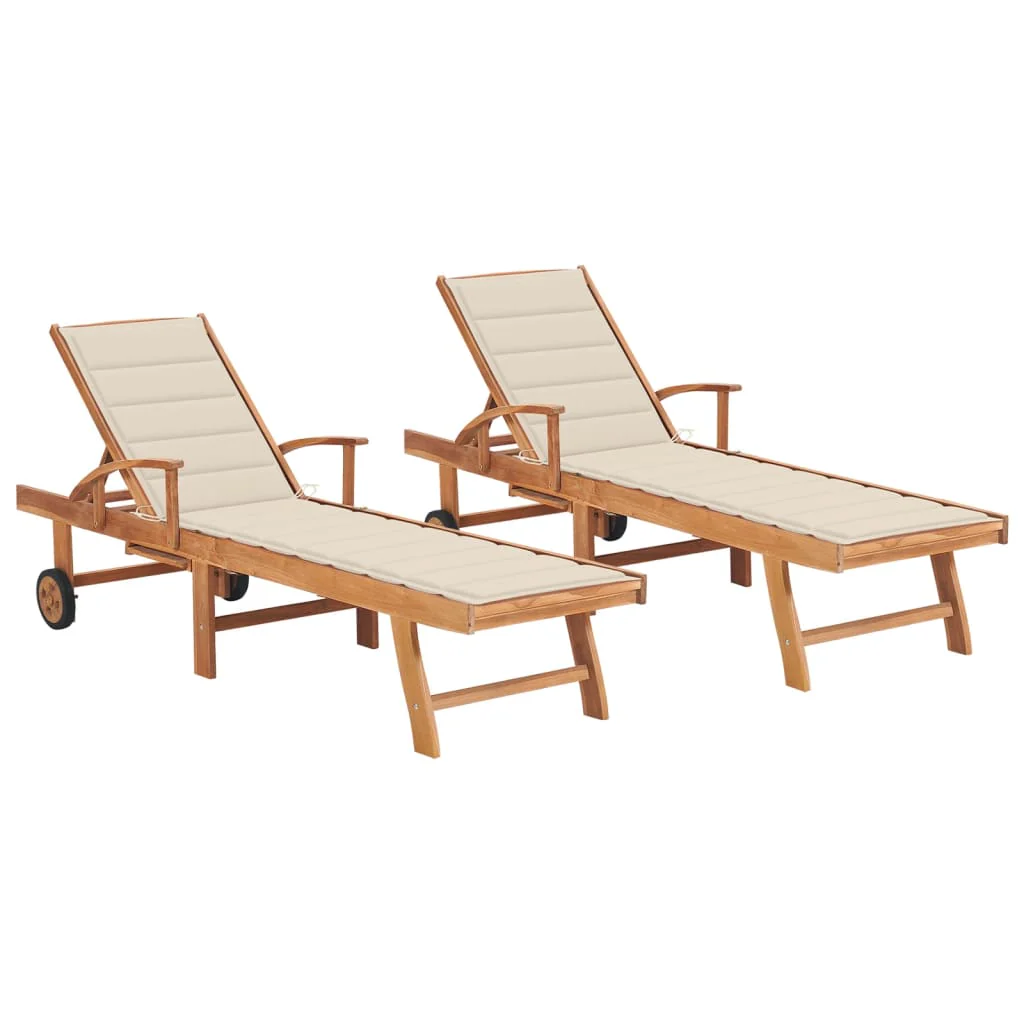 Lot de 2 transats chaise longue bain de soleil lit de jardin terrasse meuble d'extérieur avec coussin crème bois de teck solide 02_0012031