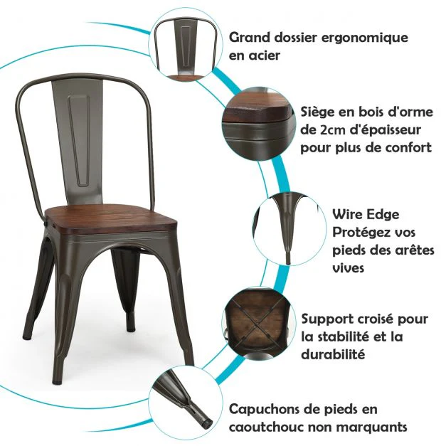 Lot de 4 chaises salle à manger en acier assise en bois d’orme empilables style industriel  51 x 44 x 85,5 cm couleur métallisée 20_0007228