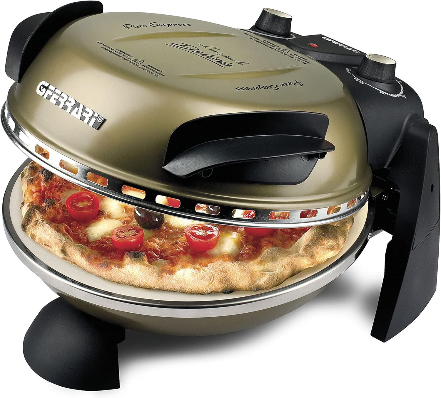 G3 Ferrari G10006 Pizza Exprimer Plaisir, Four Pizza, 1200 W, 400°C, Pierre Réfractaire (diamètre 31 cm), Minuteur 5', Livre de Recettes inclus, Noir