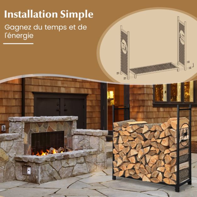 Support à bois de chauffage 121 cm support à bches robuste avec ctés en maille motifs de cerfs et d'arbres pour intérieur et extérieur noir 20_0005364