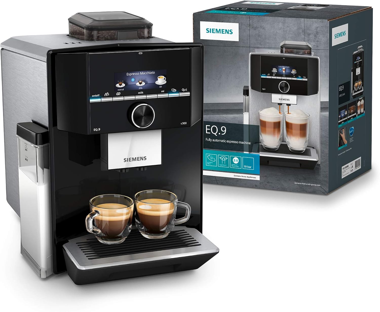 Siemens, machine à café automatique EQ900 TQ903D03, contrôle par l'application, écran tactile, mode barista, AromaBoost, réduction du bruit, broyeur premium, nettoyage à la vapeur, 1 500 W, inox
