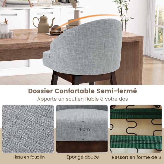 2 chaises de bar pivotantes pieds en bois d'hévéa dossier rembourré tissu en lin respirant design capitonné rivets élégants patins réglables gris 20_0007524
