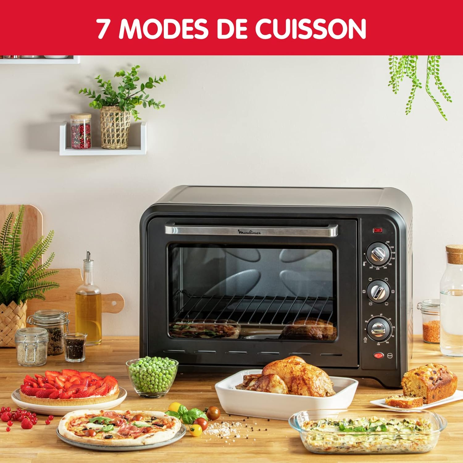 Moulinex Four électrique posable 19 L, Compact, chaleur tournante, 6 modes de cuisson, Thermostat réglable jusqu’à 240°C, Minuteur 120 min, Grille réversible, Lèche frites, Optimo noir OX444810